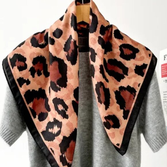 2/$30 Leopard Print Velvet Silky Scarf Square Brown Black Neck Handbag Accessory - Picture 4 of 5